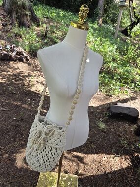Antik Kraft Bohemian Crochet Cream Macramé Bucket Bag with Beaded Strap
